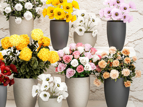 コレクション ブーケ 花瓶 フラワー ショップ 牡丹 バラ ストア 3Dモデル