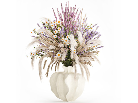 逼真的花束干花薰衣草潘帕斯花瓶装饰 3D 模型