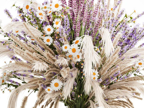 Realistic bouquet dried flowers lavender pampas vase decor 3D Model