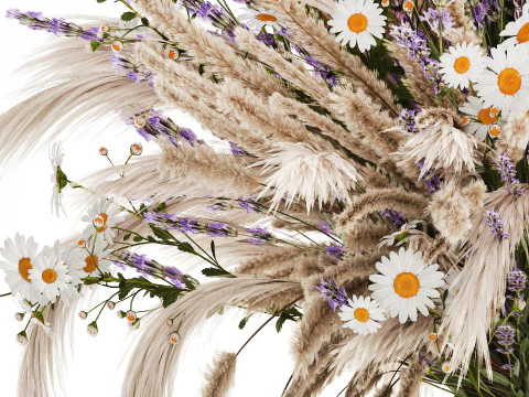 Realistic bouquet dried flowers lavender pampas vase decor 3D Model