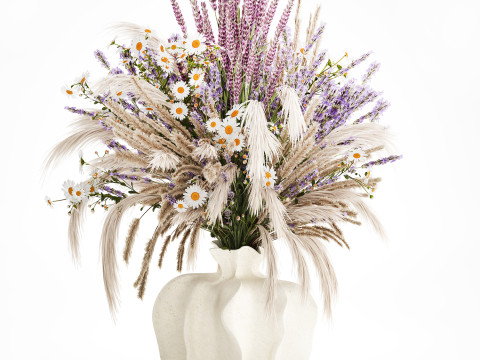 Buket realistis bunga kering dekorasi vas pampas lavender Model 3D