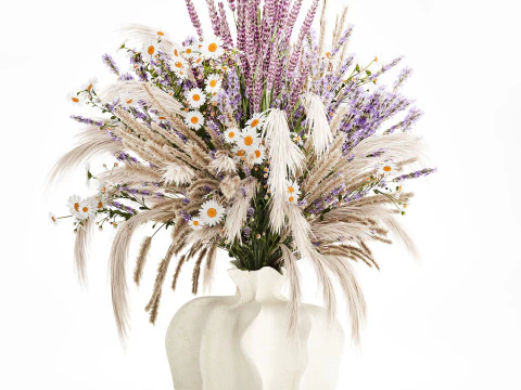 Realistic bouquet dried flowers lavender pampas vase decor 3D Model
