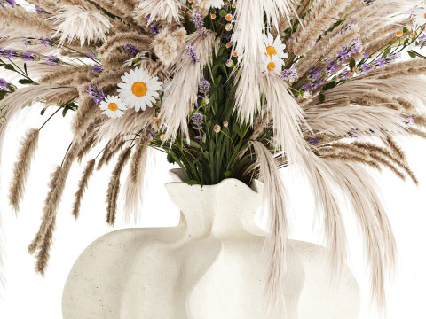 Realistic bouquet dried flowers lavender pampas vase decor 3D Model