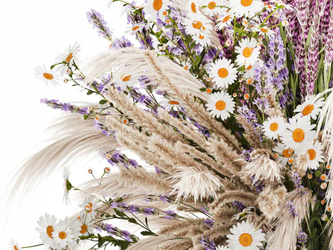 Realistic bouquet dried flowers lavender pampas vase decor 3D Model