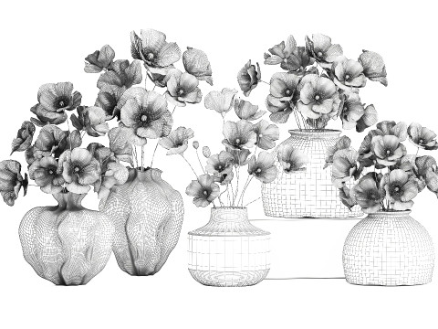 Kolekcja realistycznych bukietów dzikich kwiatów, zestaw maków, wystrój wazonu Model 3D