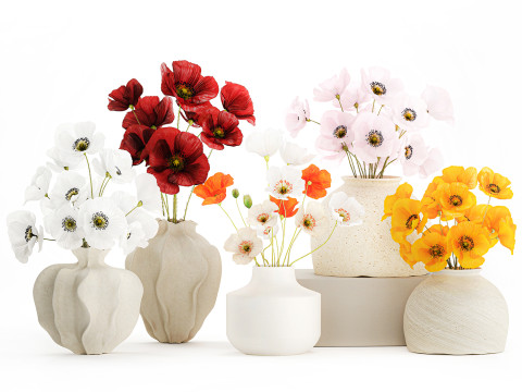 Kolekcja realistycznych bukietów dzikich kwiatów, zestaw maków, wystrój wazonu Model 3D