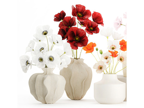 Kolekcja realistycznych bukietów dzikich kwiatów, zestaw maków, wystrój wazonu Model 3D