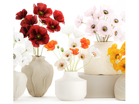 Kolekcja realistycznych bukietów dzikich kwiatów, zestaw maków, wystrój wazonu Model 3D