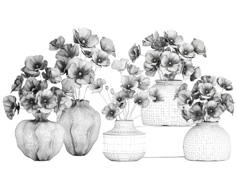 Kolekcja realistycznych bukietów dzikich kwiatów, zestaw maków, wystrój wazonu Model 3D