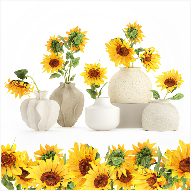 Sammlung realistischer Wildblumensträuße, Sonnenblumenvasendekor 3D Modell .c4d .max .obj .3ds .fbx .stl .blend 