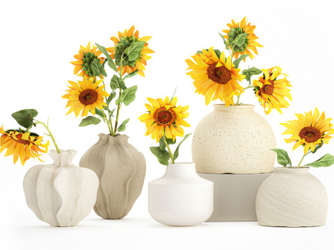 Sammlung realistischer Wildblumensträuße, Sonnenblumenvasendekor 3D Modell