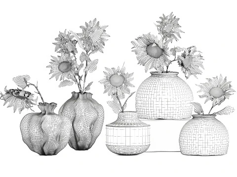 Collection realistic wildflower bouquets sunflower vase decor 3D Model