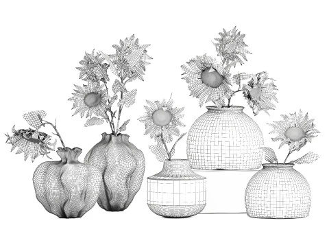Collection realistic wildflower bouquets sunflower vase decor 3D Model