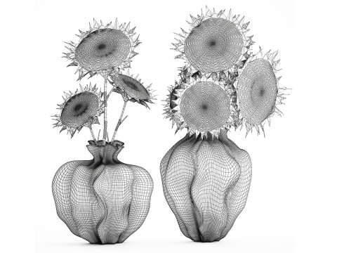 Realistic bouquet green black sunflower flowers vase decor 3D Model