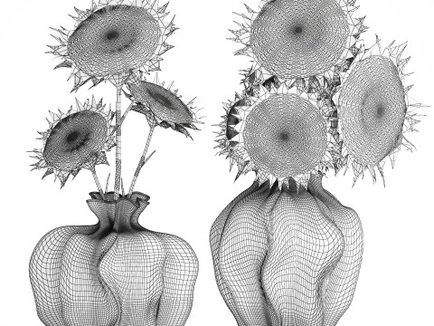 Realistic bouquet green black sunflower flowers vase decor 3D Model