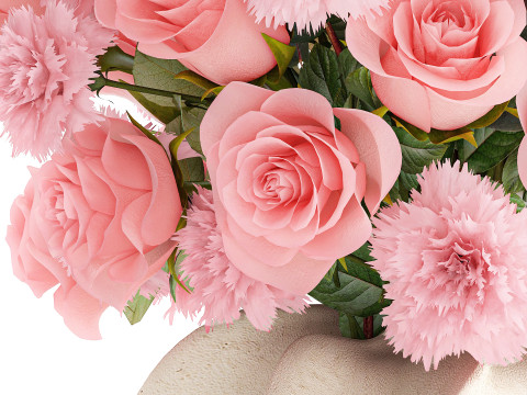 現実的な花束ピンクの花カーネーションバラの花瓶の装飾 3Dモデル