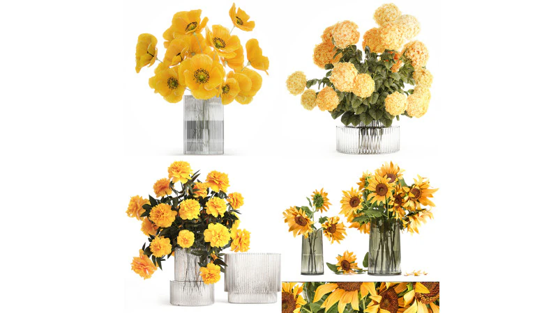 コレクション現実的な黄色の花束ケシ牡丹セット花瓶 3Dモデル .c4d .max .obj .3ds .fbx .stl .blend 