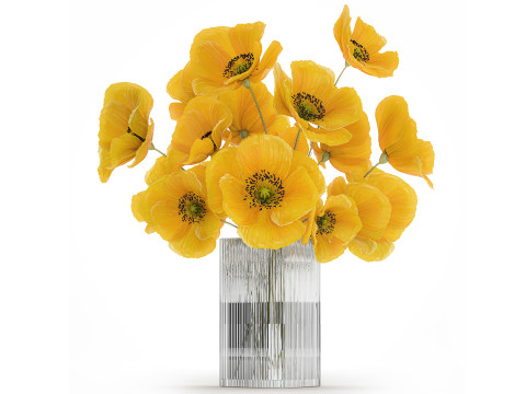 コレクション現実的な黄色の花束ケシ牡丹セット花瓶 3Dモデル