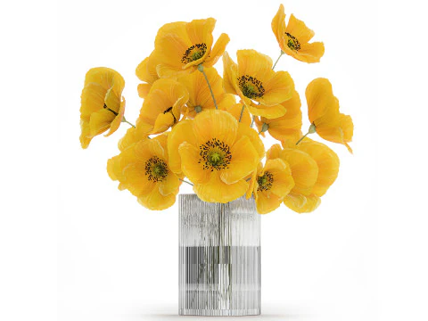 コレクション現実的な黄色の花束ケシ牡丹セット花瓶 3Dモデル