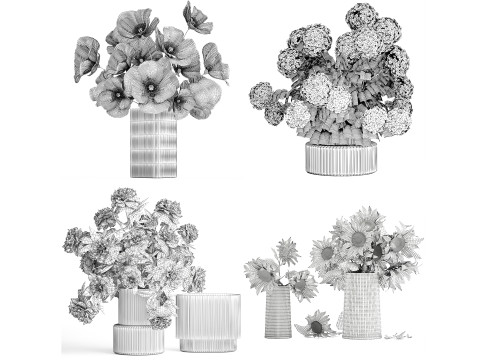 コレクション現実的な黄色の花束ケシ牡丹セット花瓶 3Dモデル