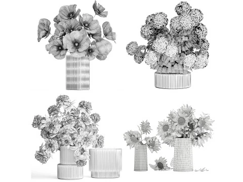 コレクション現実的な黄色の花束ケシ牡丹セット花瓶 3Dモデル