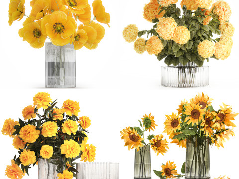 コレクション現実的な黄色の花束ケシ牡丹セット花瓶 3Dモデル