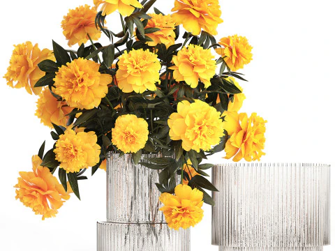 コレクション現実的な黄色の花束ケシ牡丹セット花瓶 3Dモデル