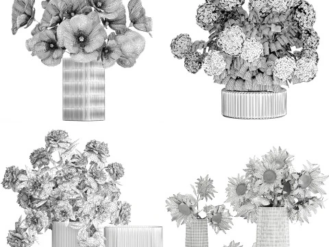 コレクション現実的な黄色の花束ケシ牡丹セット花瓶 3Dモデル