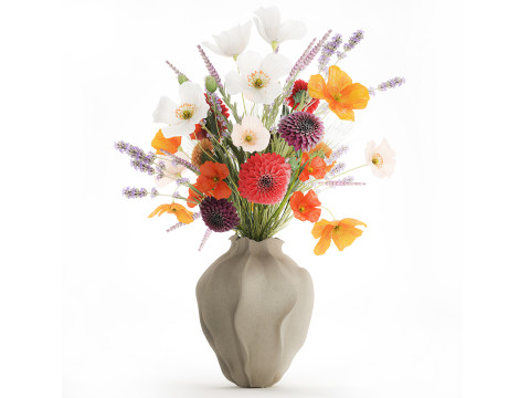 Realistische wilde bloemenboeket papaver lavendel tarwevaas 3D Model
