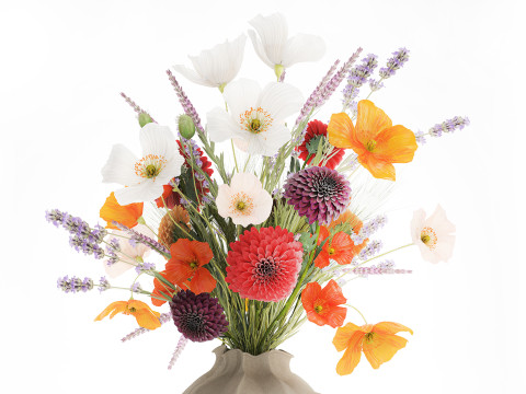 Realistische wilde bloemenboeket papaver lavendel tarwevaas 3D Model