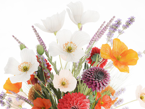 Realistische wilde bloemenboeket papaver lavendel tarwevaas 3D Model