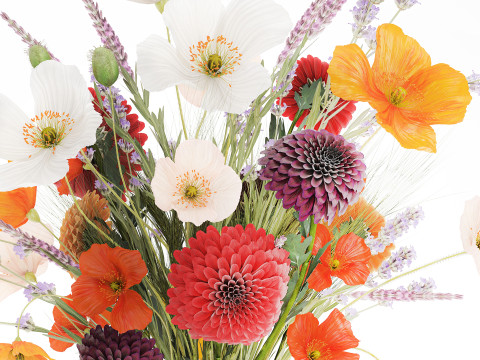 Realistische wilde bloemenboeket papaver lavendel tarwevaas 3D Model