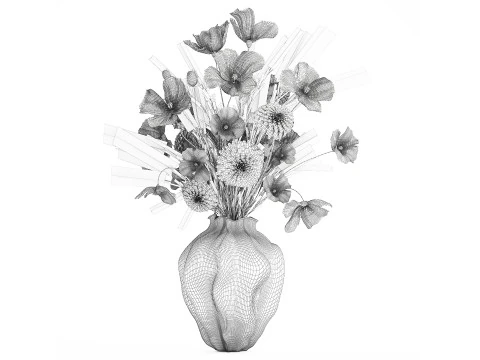 Buqu&ecirc; de flores silvestres realista, papoula, lavanda, vaso de trigo Modelo 3D
