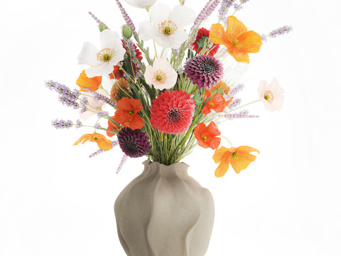 Realistische wilde bloemenboeket papaver lavendel tarwevaas 3D Model