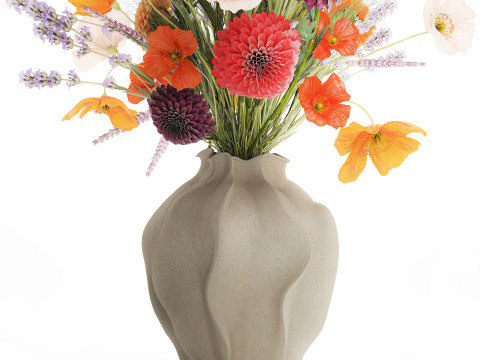 Realistische wilde bloemenboeket papaver lavendel tarwevaas 3D Model