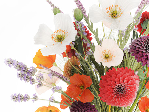 Realistische wilde bloemenboeket papaver lavendel tarwevaas 3D Model