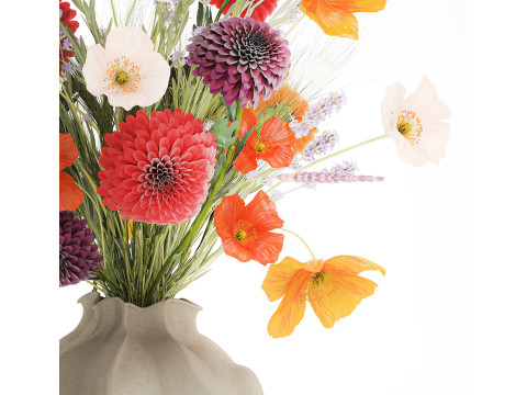 Realistische wilde bloemenboeket papaver lavendel tarwevaas 3D Model