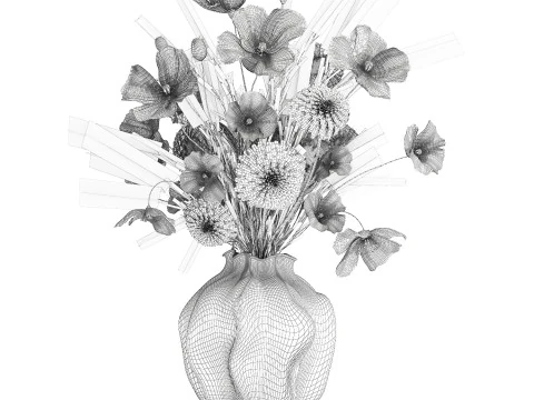 Buqu&ecirc; de flores silvestres realista, papoula, lavanda, vaso de trigo Modelo 3D