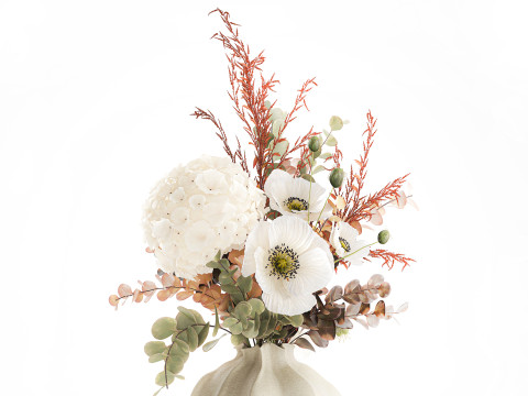 Buket indah hydrangea poppy cabang vas bunga Model 3D