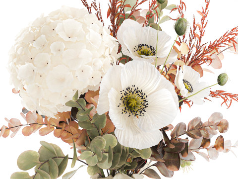 Buket indah hydrangea poppy cabang vas bunga Model 3D