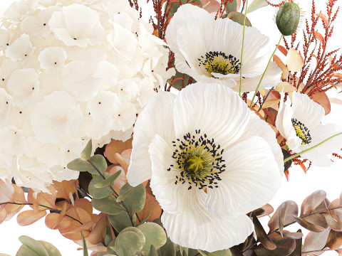 Buket indah hydrangea poppy cabang vas bunga Model 3D
