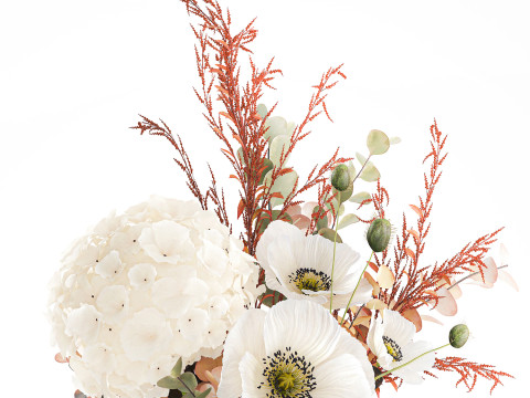 Buket indah hydrangea poppy cabang vas bunga Model 3D