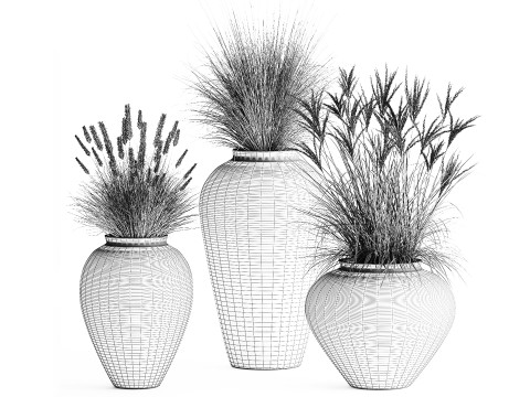 花束、ドライフラワー、枝、茂み、葦、花瓶セット 3Dモデル