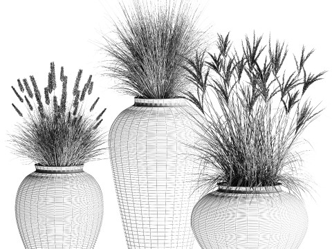 花束、ドライフラワー、枝、茂み、葦、花瓶セット 3Dモデル