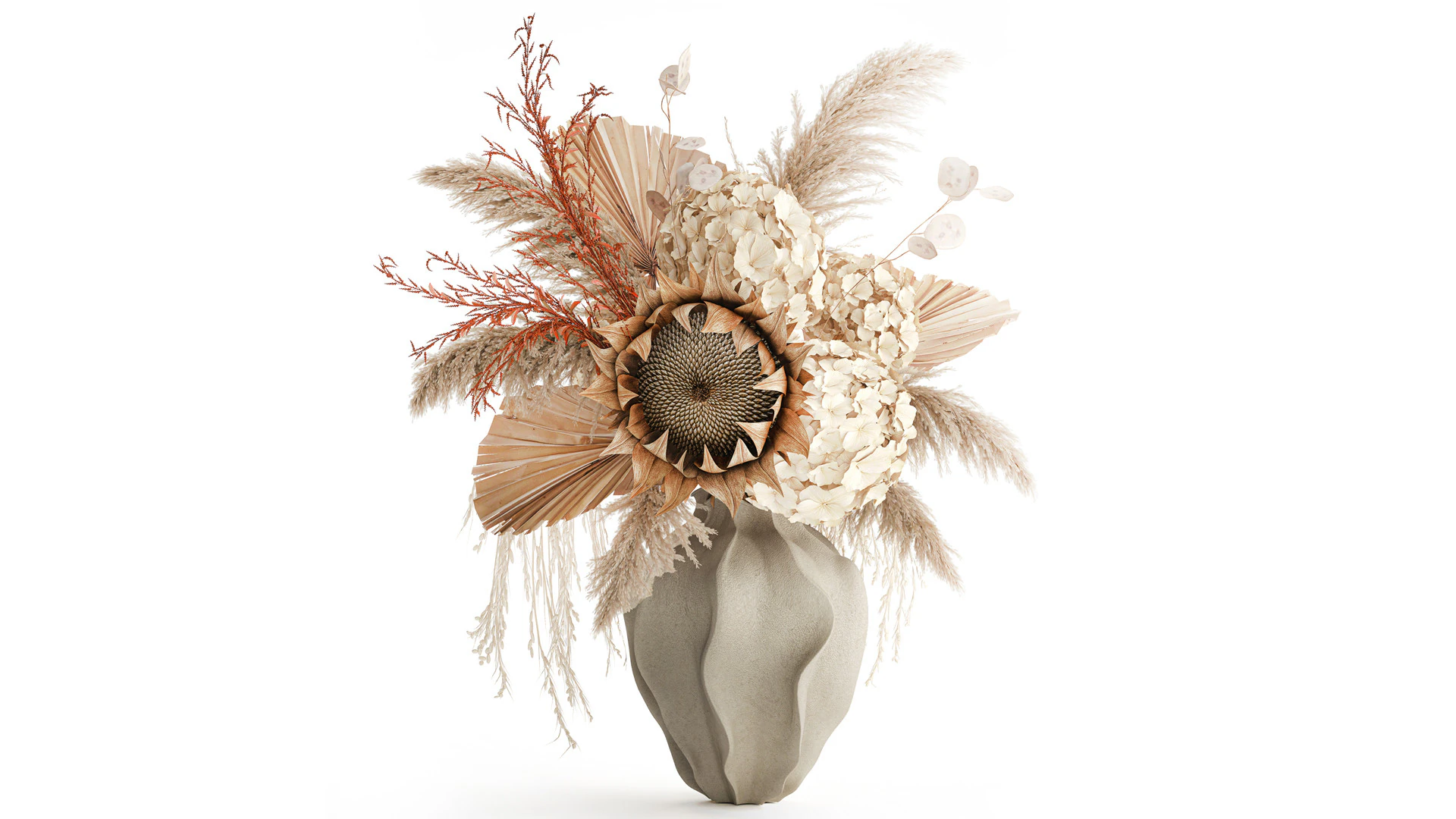 Bouquet dried flowers branches palm leaf hydrangea vase decor 3D Model .c4d .max .obj .3ds .fbx .stl .blend 
