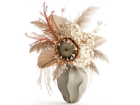 Букет сухоцвітів гілок пальмового листя гортензії декор вази 3D Модель