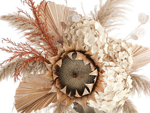 Bouquet fleurs séchées branches feuille de palmier hortensia vase décor Modèle 3D