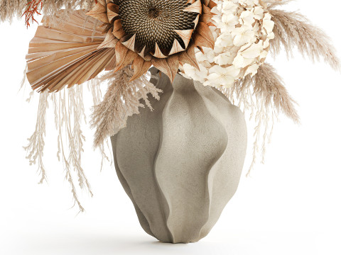 Bouquet fleurs séchées branches feuille de palmier hortensia vase décor Modèle 3D