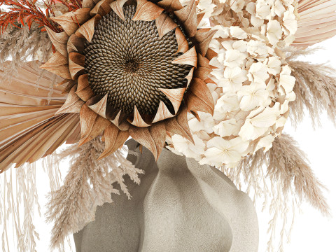 Bouquet fleurs séchées branches feuille de palmier hortensia vase décor Modèle 3D