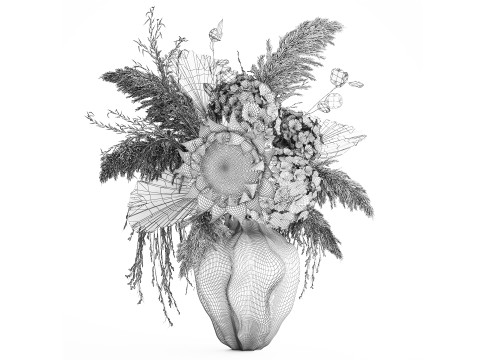 Bouquet fleurs séchées branches feuille de palmier hortensia vase décor Modèle 3D